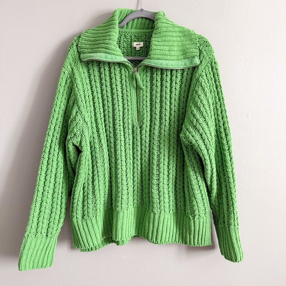 Aerie Green Chunky Knit Quarter Zip Sweater Cable Knit Collared Cozy Size M
